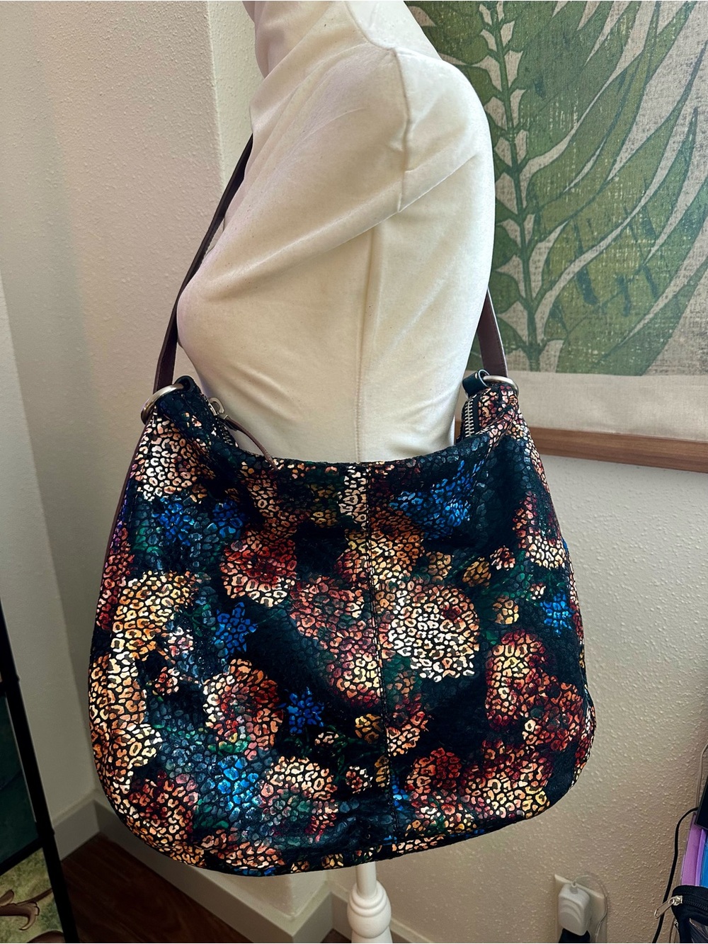 HOBO Multicolor Floral Metallic Leather Hobo Bag with Brown Strap